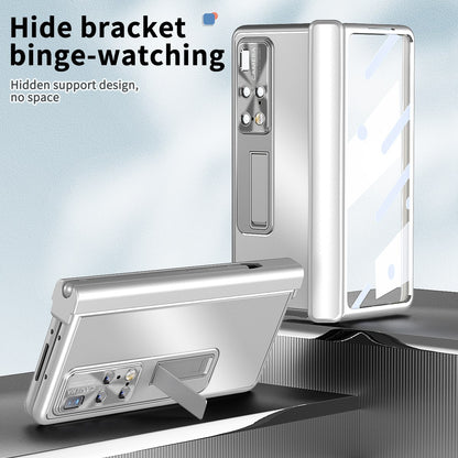 For Huawei Mate X2 Lens Protection Hinge + Stylus Pen Design PC+Aluminum Alloy Anti-fall Kickstand Phone Case with Tempered Glass Screen Film
