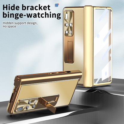 For Huawei Mate X2 Lens Protection Hinge + Stylus Pen Design PC+Aluminum Alloy Anti-fall Kickstand Phone Case with Tempered Glass Screen Film