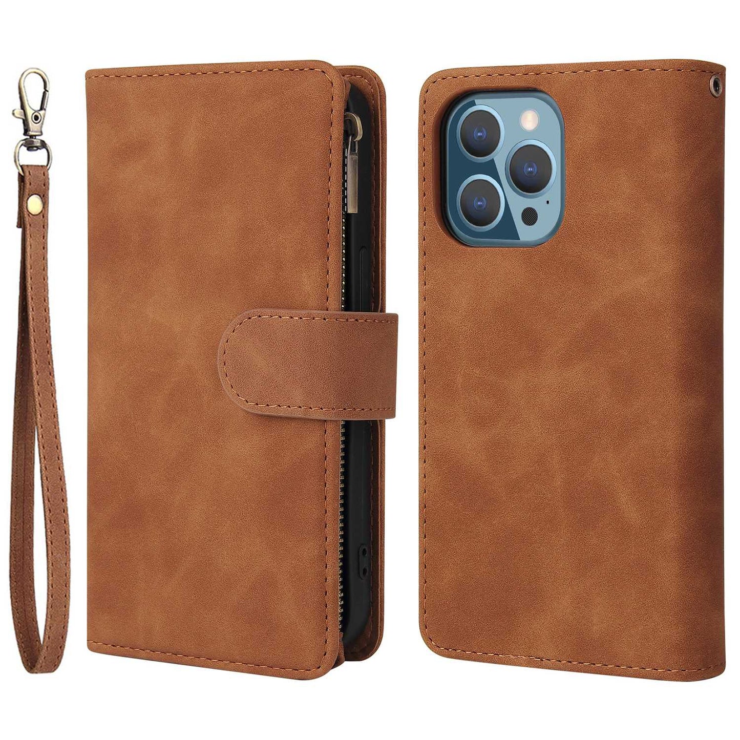 For iPhone 13 Pro 6.1 inch Zipper Pocket Design PU Leather Mobile Phone Wallet Stand Cover Multi Card Slots Drop-proof Case
