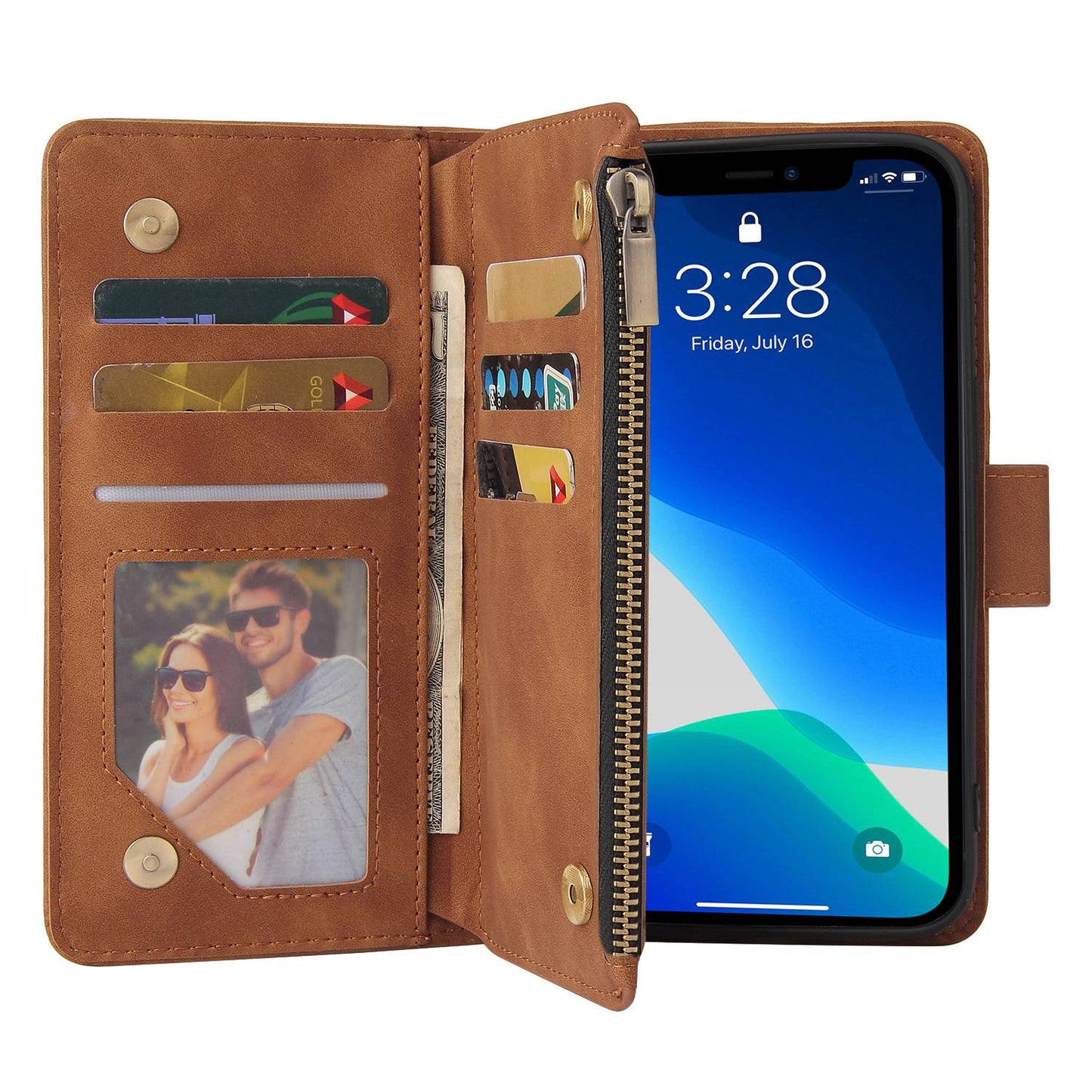 For iPhone 13 Pro 6.1 inch Zipper Pocket Design PU Leather Mobile Phone Wallet Stand Cover Multi Card Slots Drop-proof Case