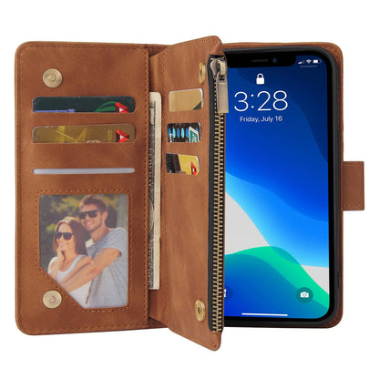 For iPhone 13 Pro 6.1 inch Zipper Pocket Design PU Leather Mobile Phone Wallet Stand Cover Multi Card Slots Drop-proof Case