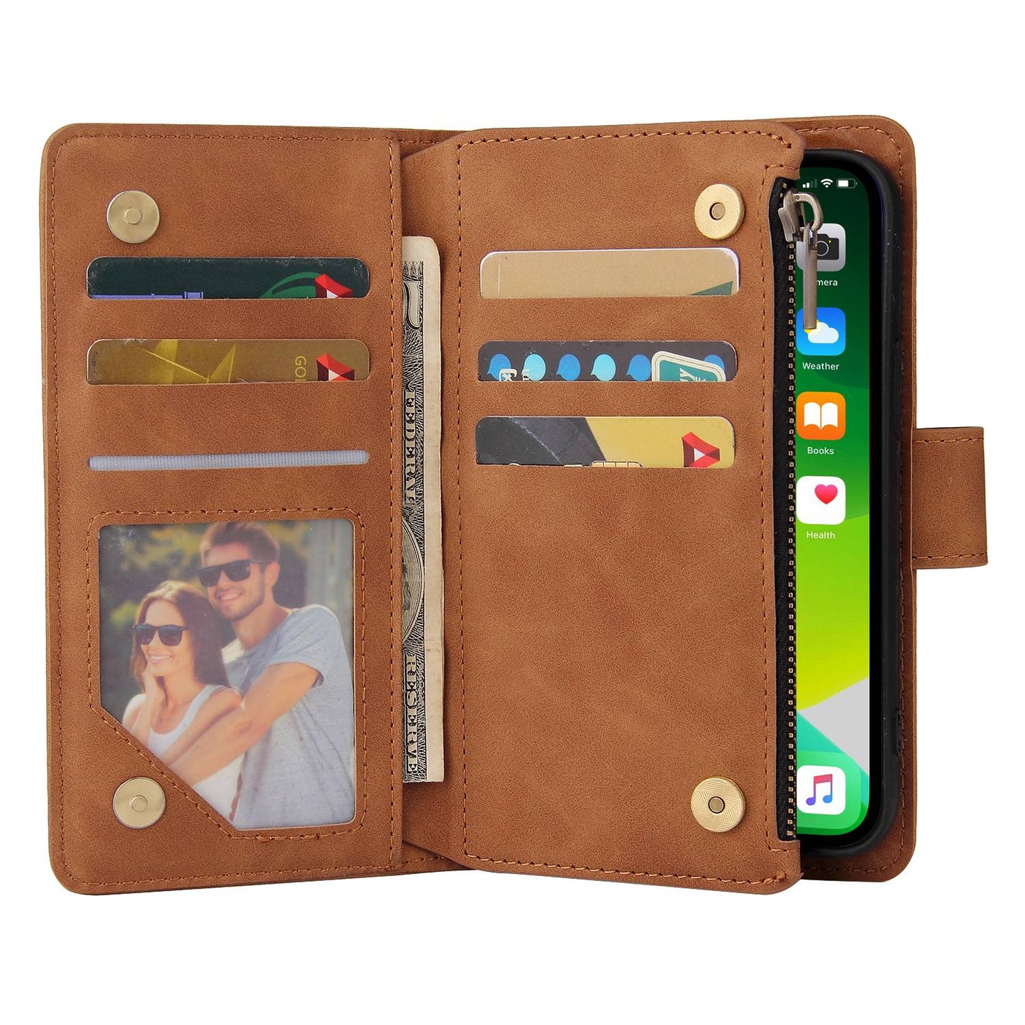 For iPhone 13 Pro 6.1 inch Zipper Pocket Design PU Leather Mobile Phone Wallet Stand Cover Multi Card Slots Drop-proof Case