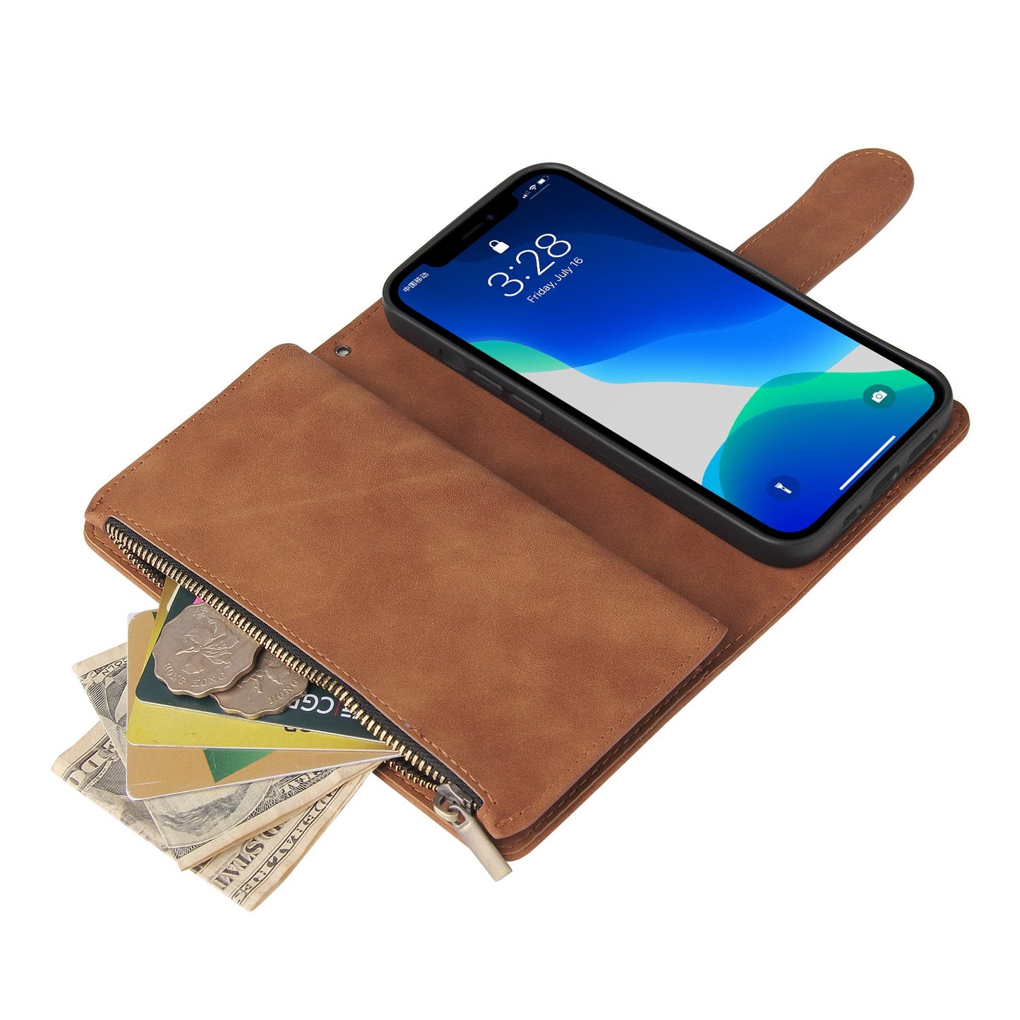 For iPhone 13 Pro 6.1 inch Zipper Pocket Design PU Leather Mobile Phone Wallet Stand Cover Multi Card Slots Drop-proof Case