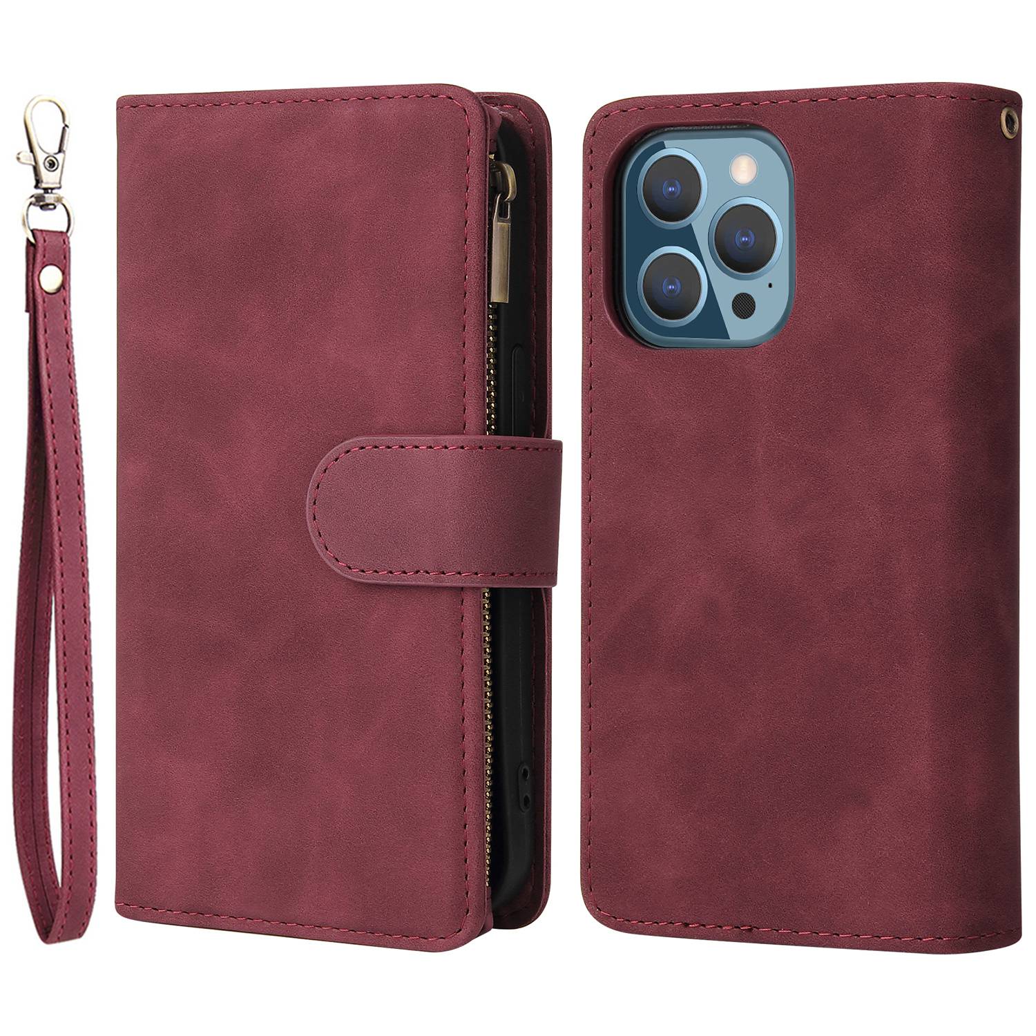 For iPhone 13 Pro 6.1 inch Zipper Pocket Design PU Leather Mobile Phone Wallet Stand Cover Multi Card Slots Drop-proof Case