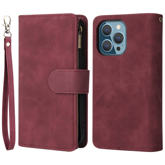 For iPhone 13 Pro 6.1 inch Zipper Pocket Design PU Leather Mobile Phone Wallet Stand Cover Multi Card Slots Drop-proof Case