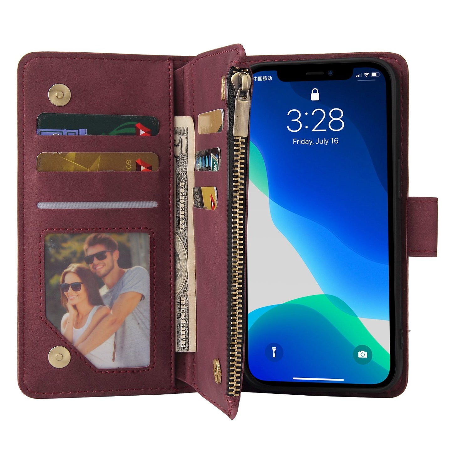For iPhone 13 Pro 6.1 inch Zipper Pocket Design PU Leather Mobile Phone Wallet Stand Cover Multi Card Slots Drop-proof Case