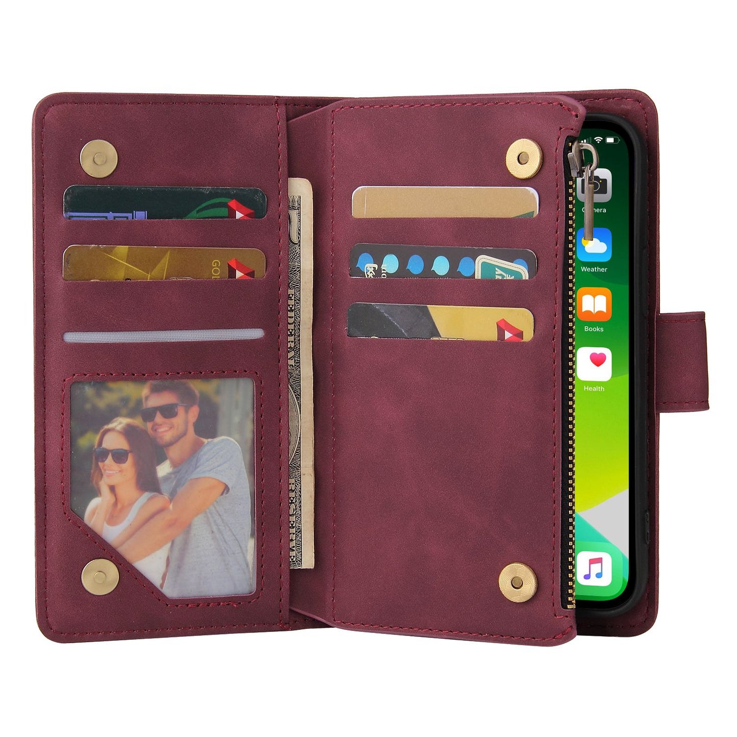 For iPhone 13 Pro 6.1 inch Zipper Pocket Design PU Leather Mobile Phone Wallet Stand Cover Multi Card Slots Drop-proof Case