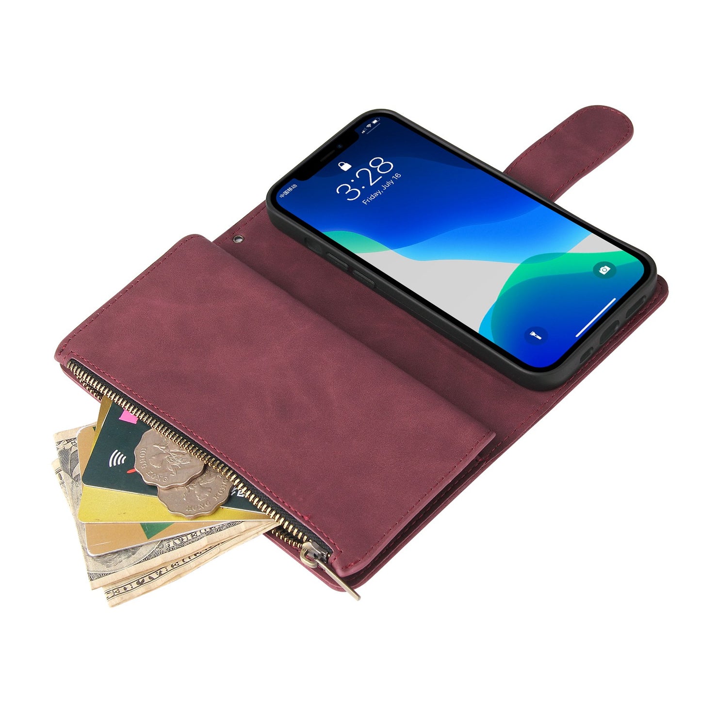 For iPhone 13 Pro 6.1 inch Zipper Pocket Design PU Leather Mobile Phone Wallet Stand Cover Multi Card Slots Drop-proof Case