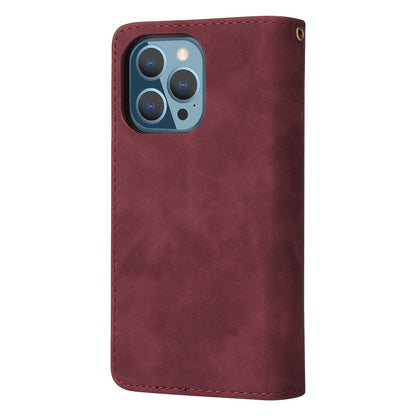 For iPhone 13 Pro 6.1 inch Zipper Pocket Design PU Leather Mobile Phone Wallet Stand Cover Multi Card Slots Drop-proof Case