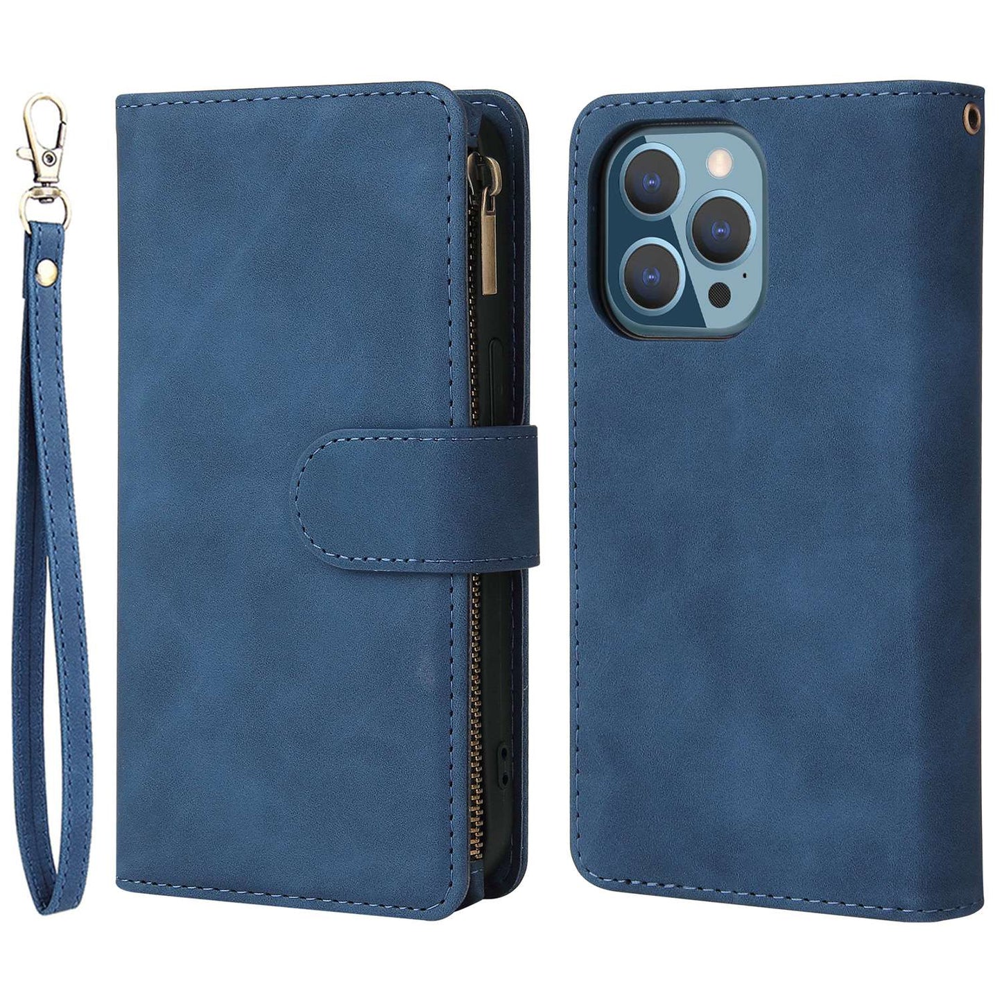 For iPhone 13 Pro 6.1 inch Zipper Pocket Design PU Leather Mobile Phone Wallet Stand Cover Multi Card Slots Drop-proof Case
