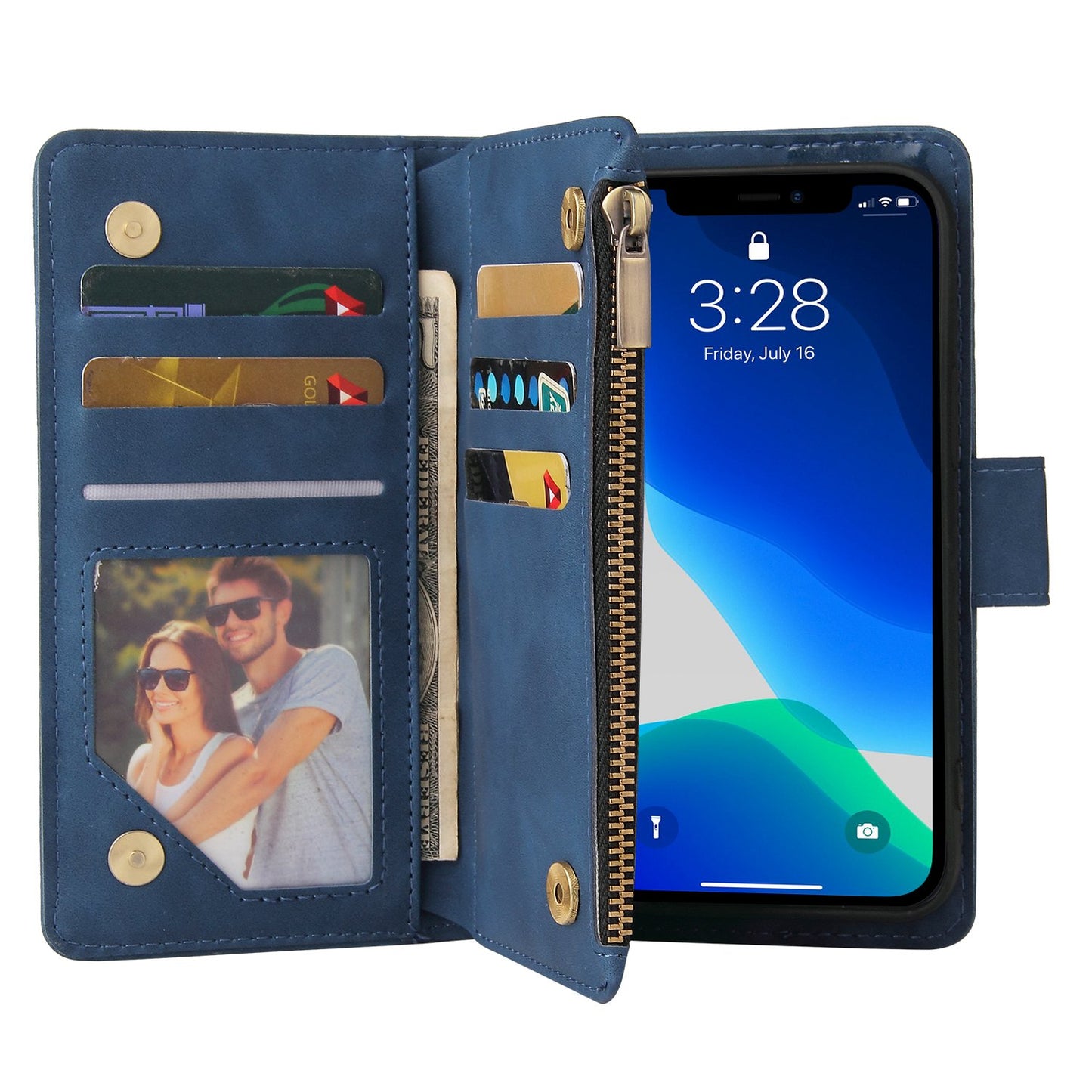 For iPhone 13 Pro 6.1 inch Zipper Pocket Design PU Leather Mobile Phone Wallet Stand Cover Multi Card Slots Drop-proof Case