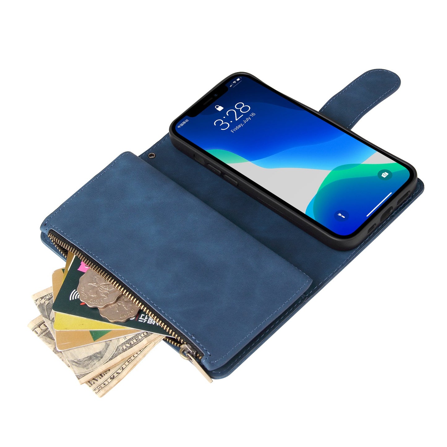 For iPhone 13 Pro 6.1 inch Zipper Pocket Design PU Leather Mobile Phone Wallet Stand Cover Multi Card Slots Drop-proof Case