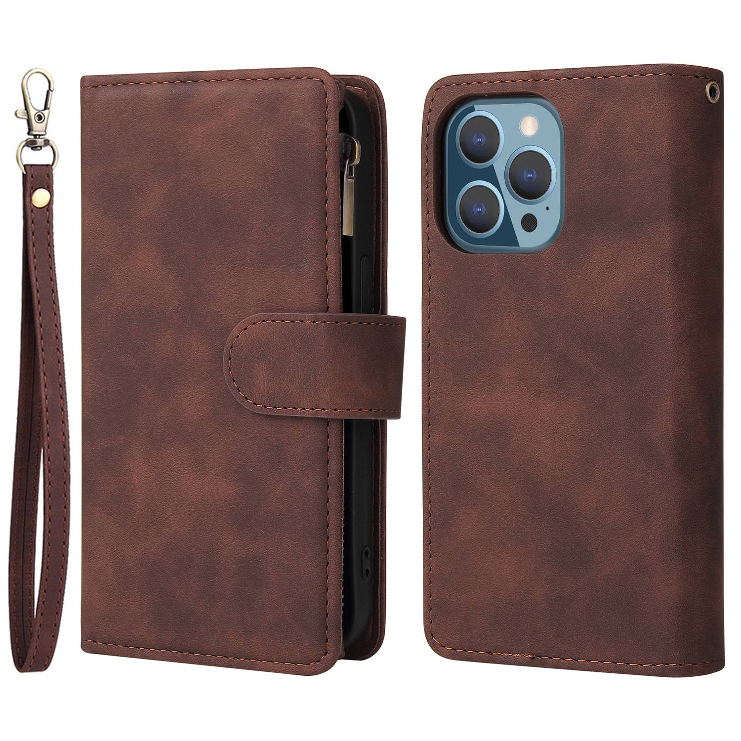 For iPhone 13 Pro 6.1 inch Zipper Pocket Design PU Leather Mobile Phone Wallet Stand Cover Multi Card Slots Drop-proof Case