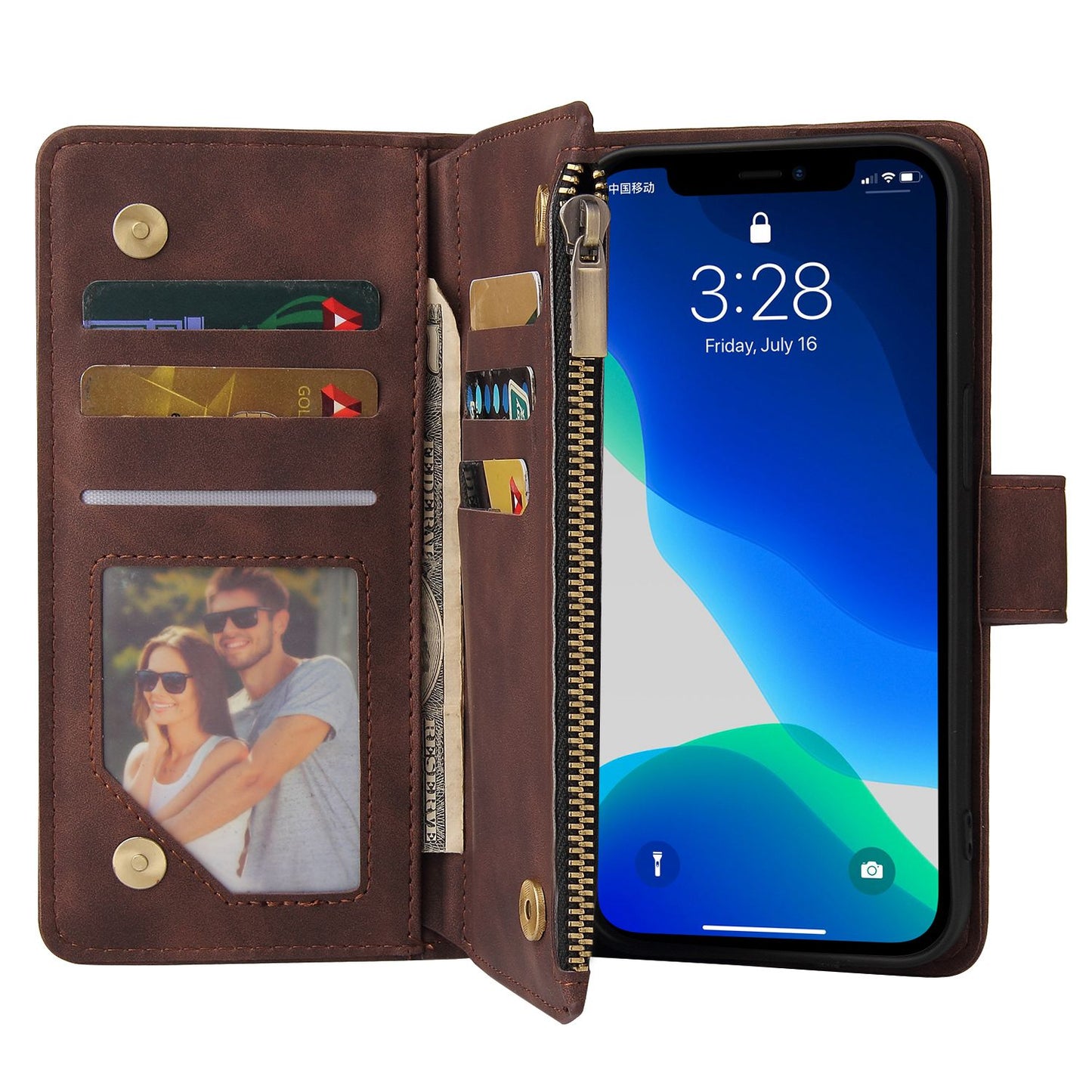 For iPhone 13 Pro 6.1 inch Zipper Pocket Design PU Leather Mobile Phone Wallet Stand Cover Multi Card Slots Drop-proof Case