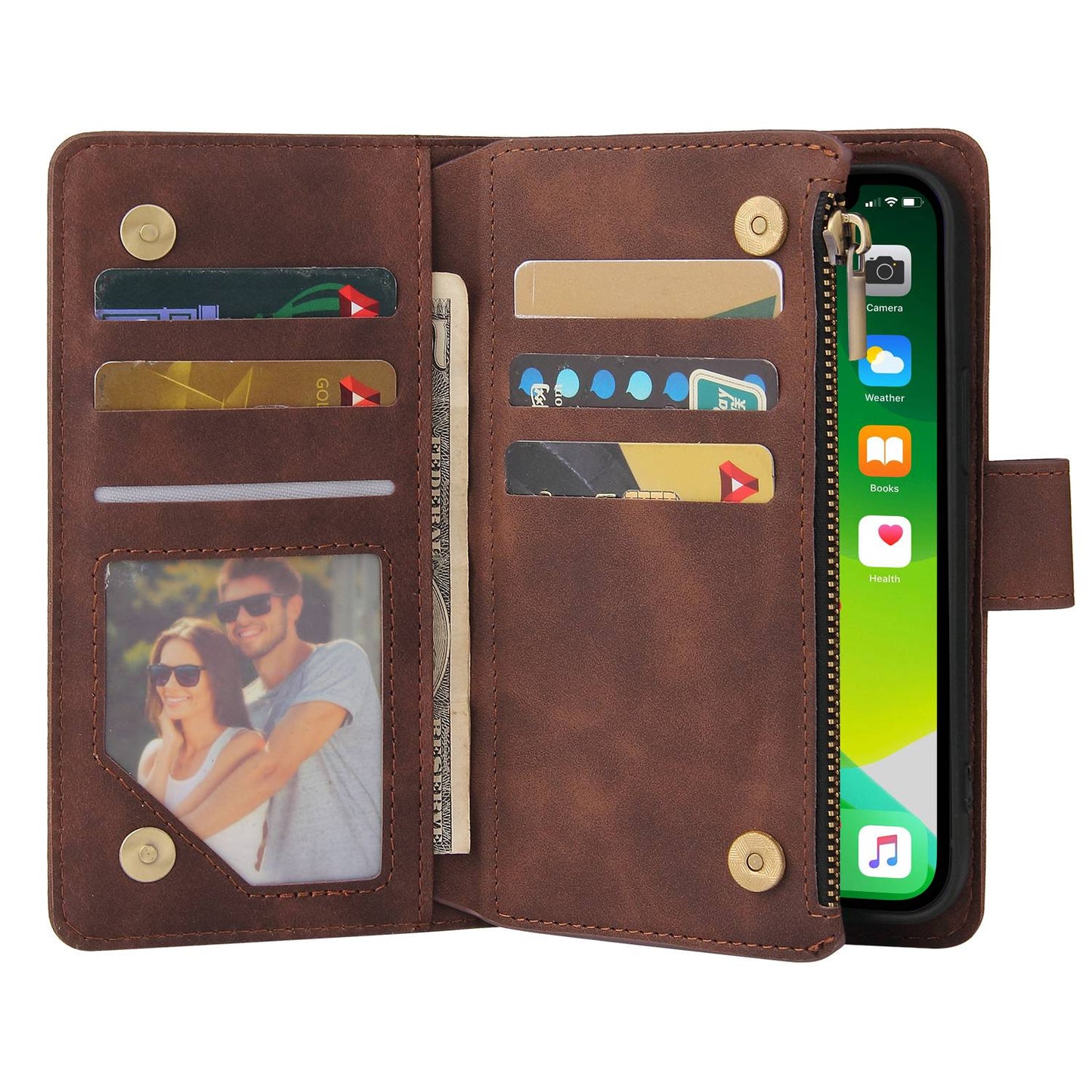 For iPhone 13 Pro 6.1 inch Zipper Pocket Design PU Leather Mobile Phone Wallet Stand Cover Multi Card Slots Drop-proof Case