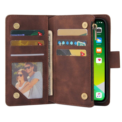 For iPhone 13 Pro 6.1 inch Zipper Pocket Design PU Leather Mobile Phone Wallet Stand Cover Multi Card Slots Drop-proof Case