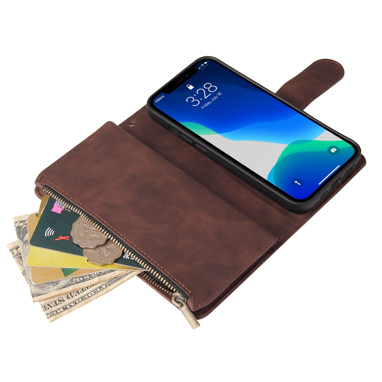 For iPhone 13 Pro 6.1 inch Zipper Pocket Design PU Leather Mobile Phone Wallet Stand Cover Multi Card Slots Drop-proof Case