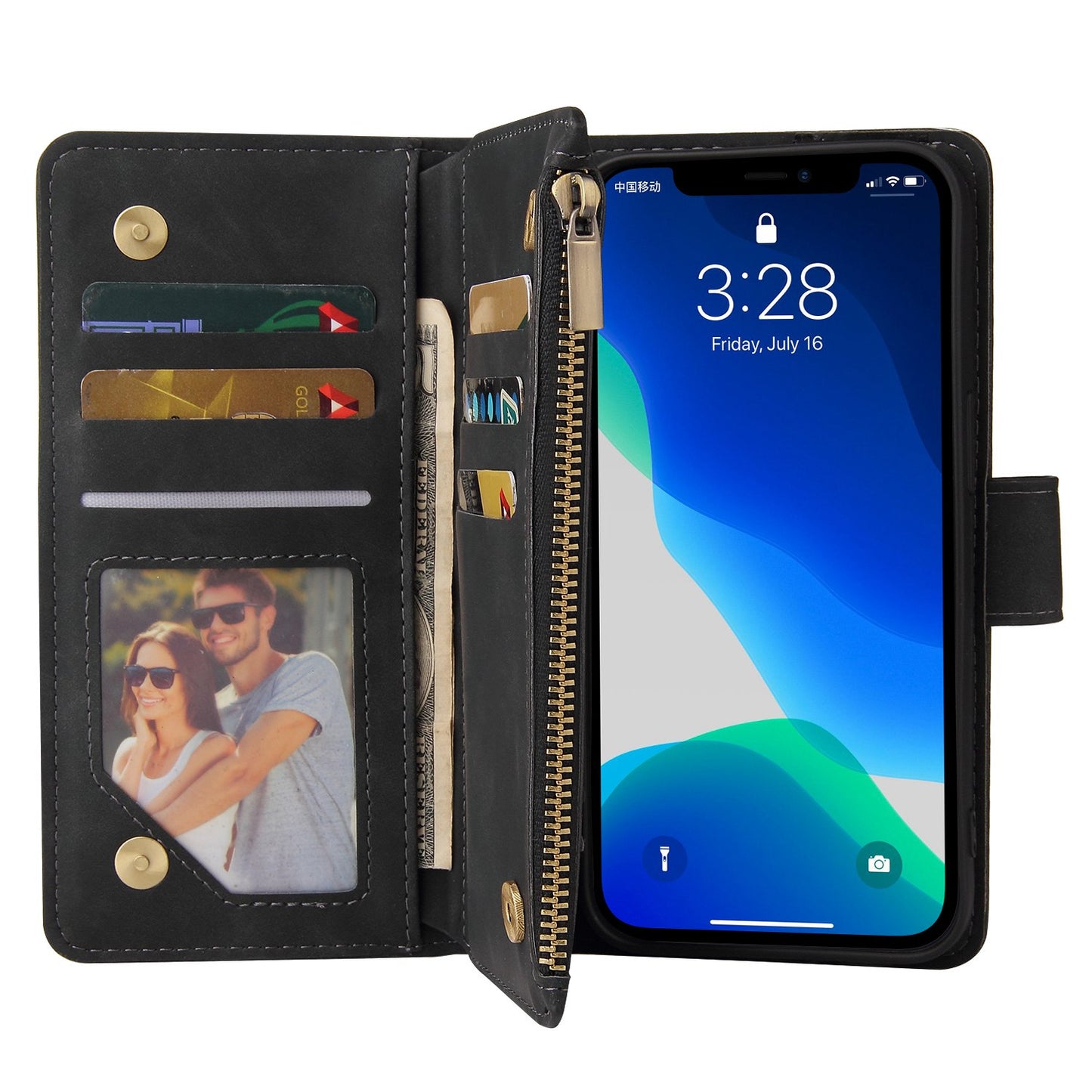 For iPhone 13 Pro 6.1 inch Zipper Pocket Design PU Leather Mobile Phone Wallet Stand Cover Multi Card Slots Drop-proof Case