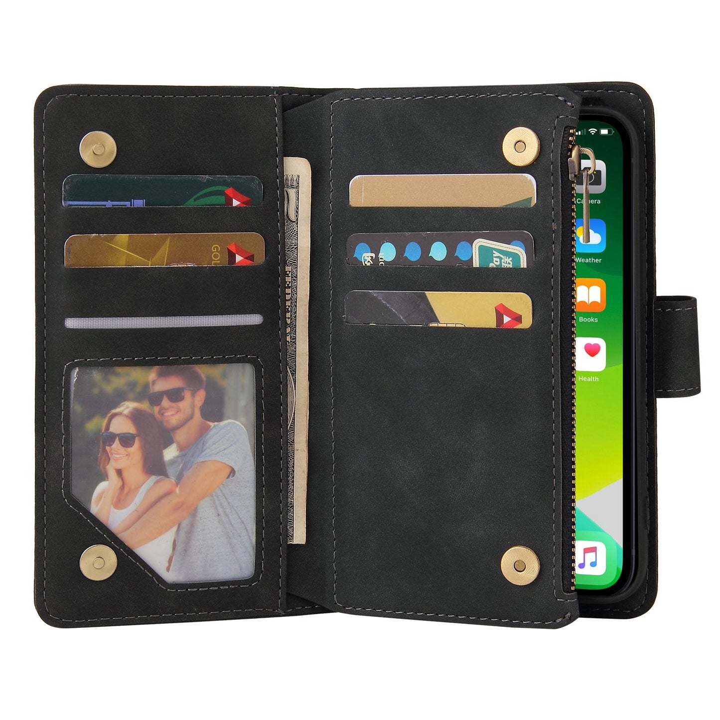 For iPhone 13 Pro 6.1 inch Zipper Pocket Design PU Leather Mobile Phone Wallet Stand Cover Multi Card Slots Drop-proof Case