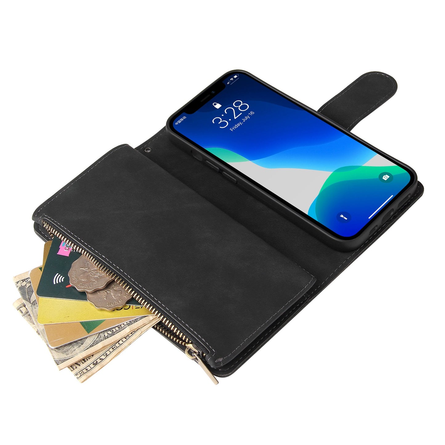 For iPhone 13 Pro 6.1 inch Zipper Pocket Design PU Leather Mobile Phone Wallet Stand Cover Multi Card Slots Drop-proof Case
