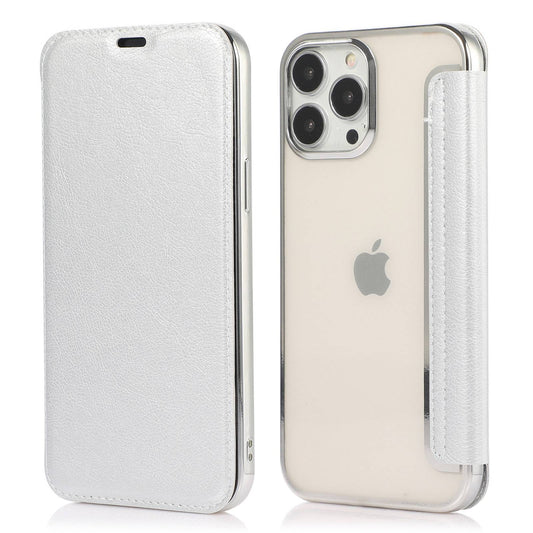 For iPhone 14 6.1 inch PU Leather Flip Case Transparent TPU Back Stand Function Electroplating Cover with Card Holder