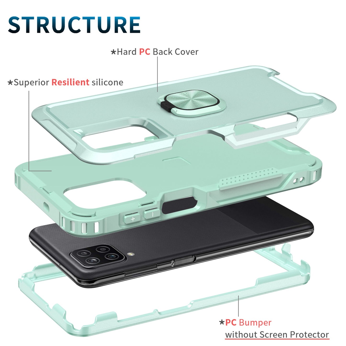 For Samsung Galaxy A12 / A32 5G / A13 5G / M32 5G Rotatable Ring Kickstand Protective Cover PC + Silicone 3-in-1 Drop-proof Phone Case