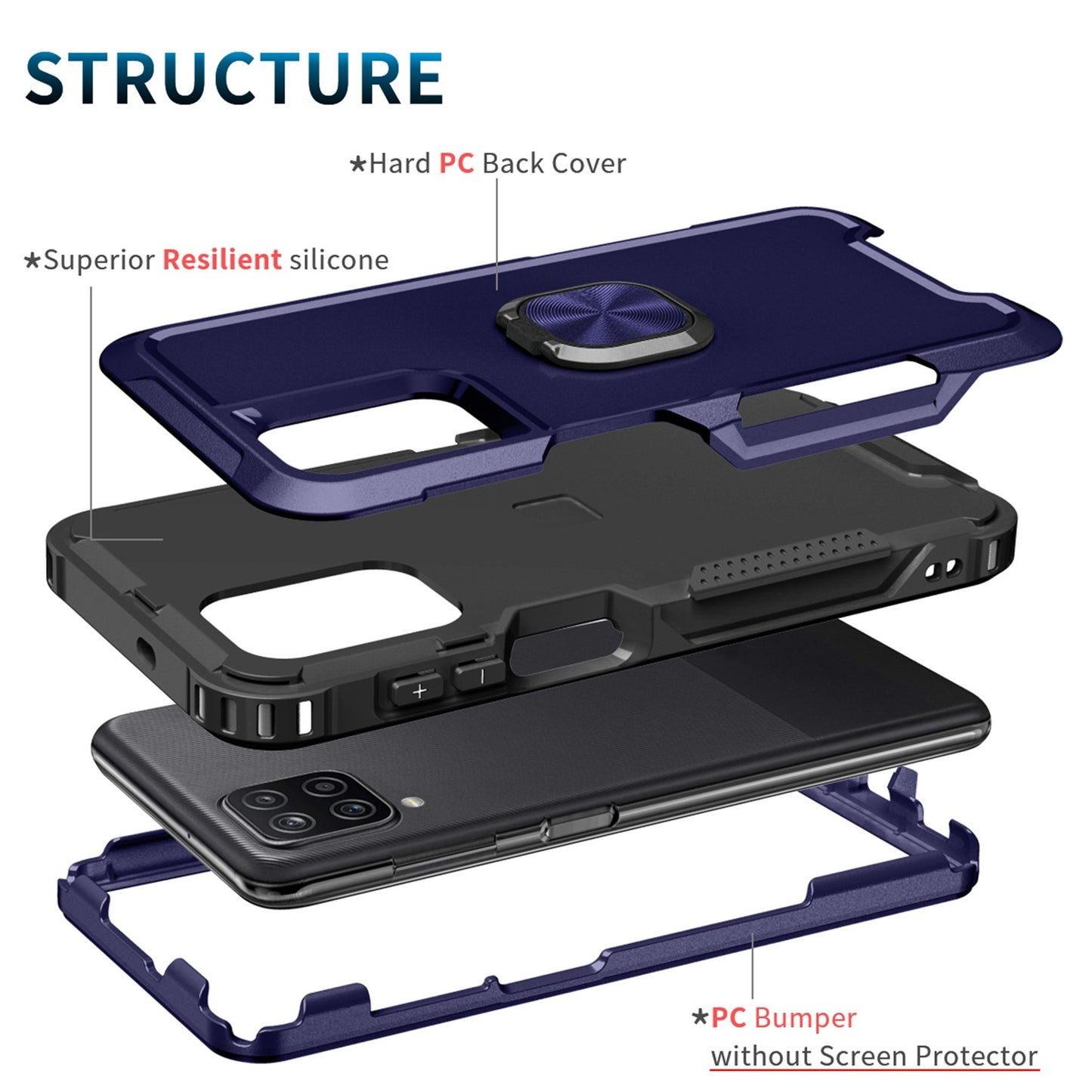 For Samsung Galaxy A12 / A32 5G / A13 5G / M32 5G Rotatable Ring Kickstand Protective Cover PC + Silicone 3-in-1 Drop-proof Phone Case