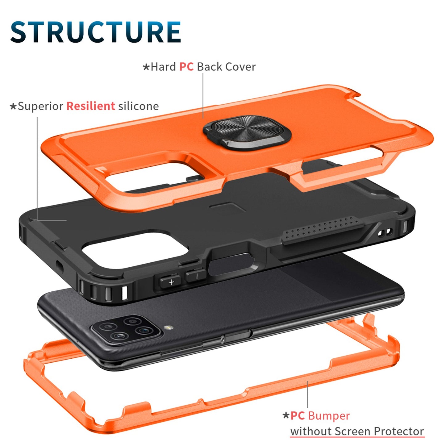 For Samsung Galaxy A12 / A32 5G / A13 5G / M32 5G Rotatable Ring Kickstand Protective Cover PC + Silicone 3-in-1 Drop-proof Phone Case