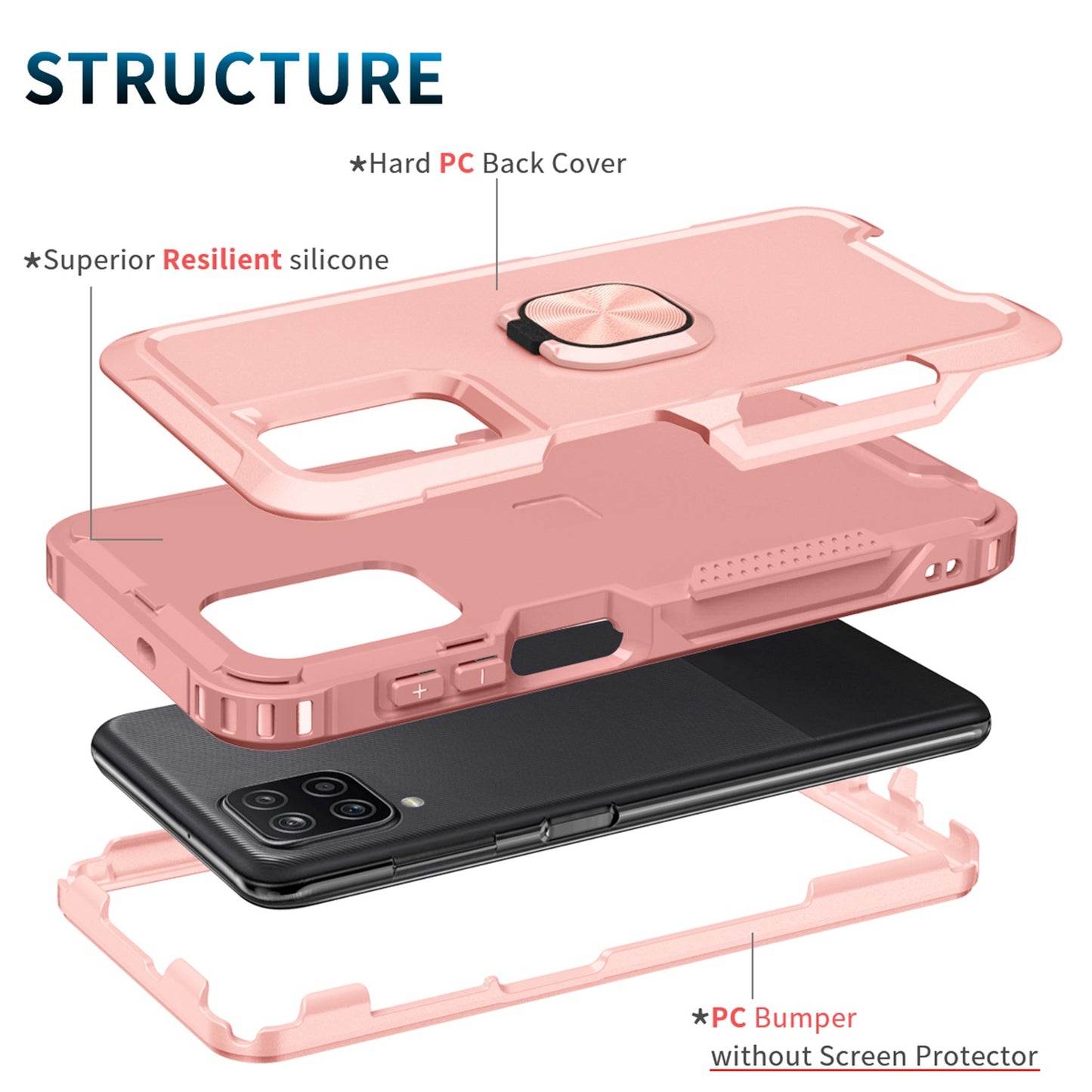 For Samsung Galaxy A12 / A32 5G / A13 5G / M32 5G Rotatable Ring Kickstand Protective Cover PC + Silicone 3-in-1 Drop-proof Phone Case