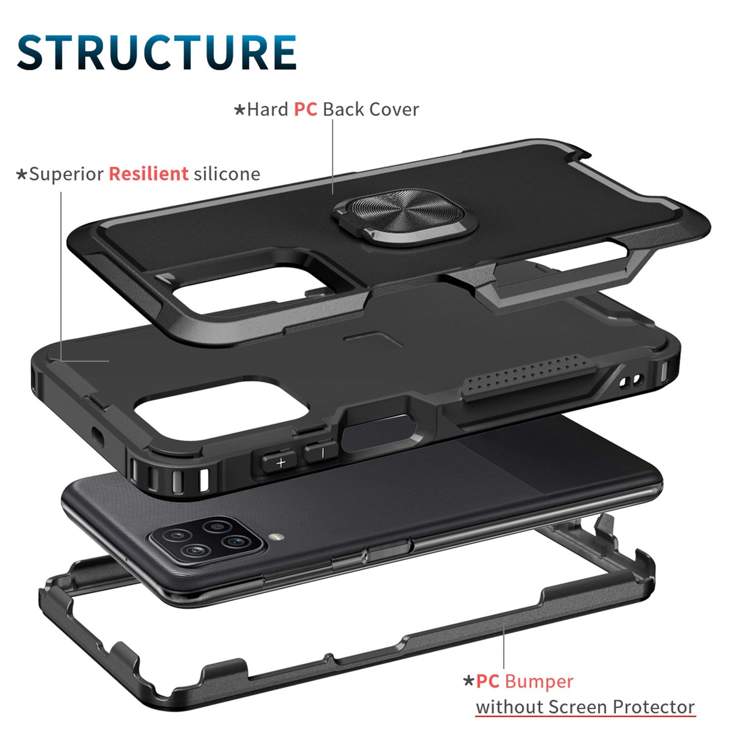 For Samsung Galaxy A12 / A32 5G / A13 5G / M32 5G Rotatable Ring Kickstand Protective Cover PC + Silicone 3-in-1 Drop-proof Phone Case