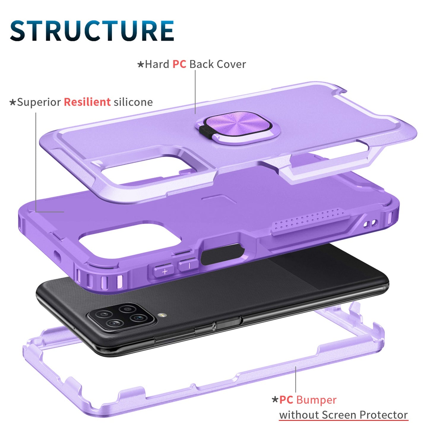 For Samsung Galaxy A12 / A32 5G / A13 5G / M32 5G Rotatable Ring Kickstand Protective Cover PC + Silicone 3-in-1 Drop-proof Phone Case