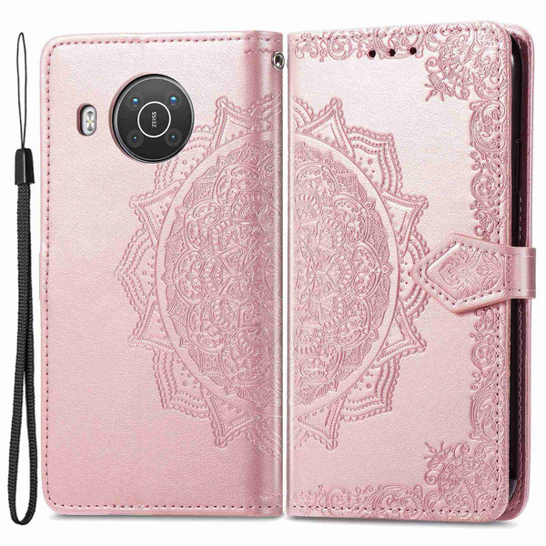 For Nokia X10 5G / X20 5G PU Leather Flip Phone Case Mandala Pattern Embossed Magnetic Closure Stand Folio Wallet Cover with Strap