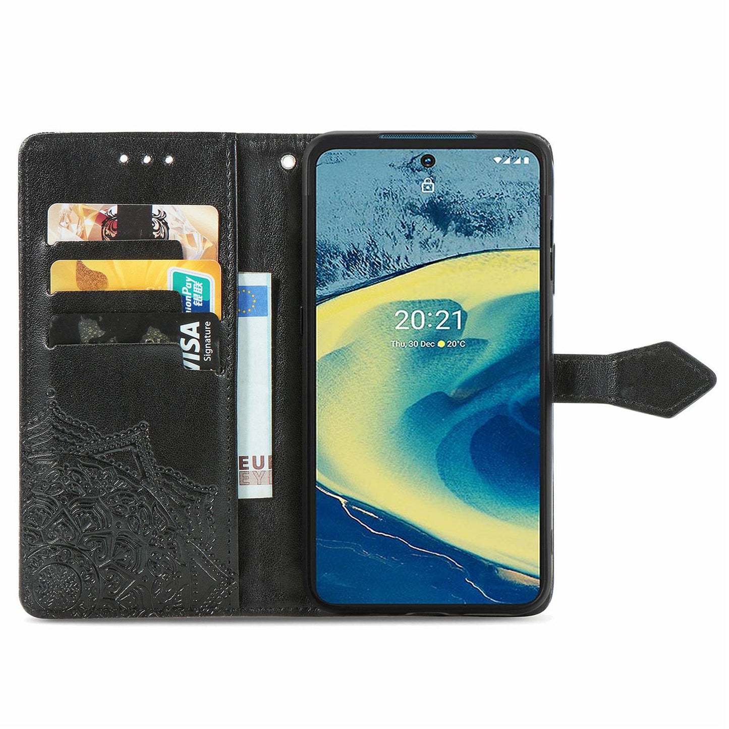 For Nokia XR20 5G Embossed Mandala Pattern PU Leather Wallet Case Stand Magnetic Closure Full Shockproof Folio Flip Cover with Strap