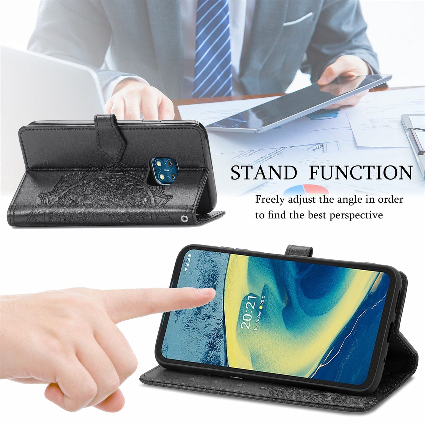 For Nokia XR20 5G Embossed Mandala Pattern PU Leather Wallet Case Stand Magnetic Closure Full Shockproof Folio Flip Cover with Strap