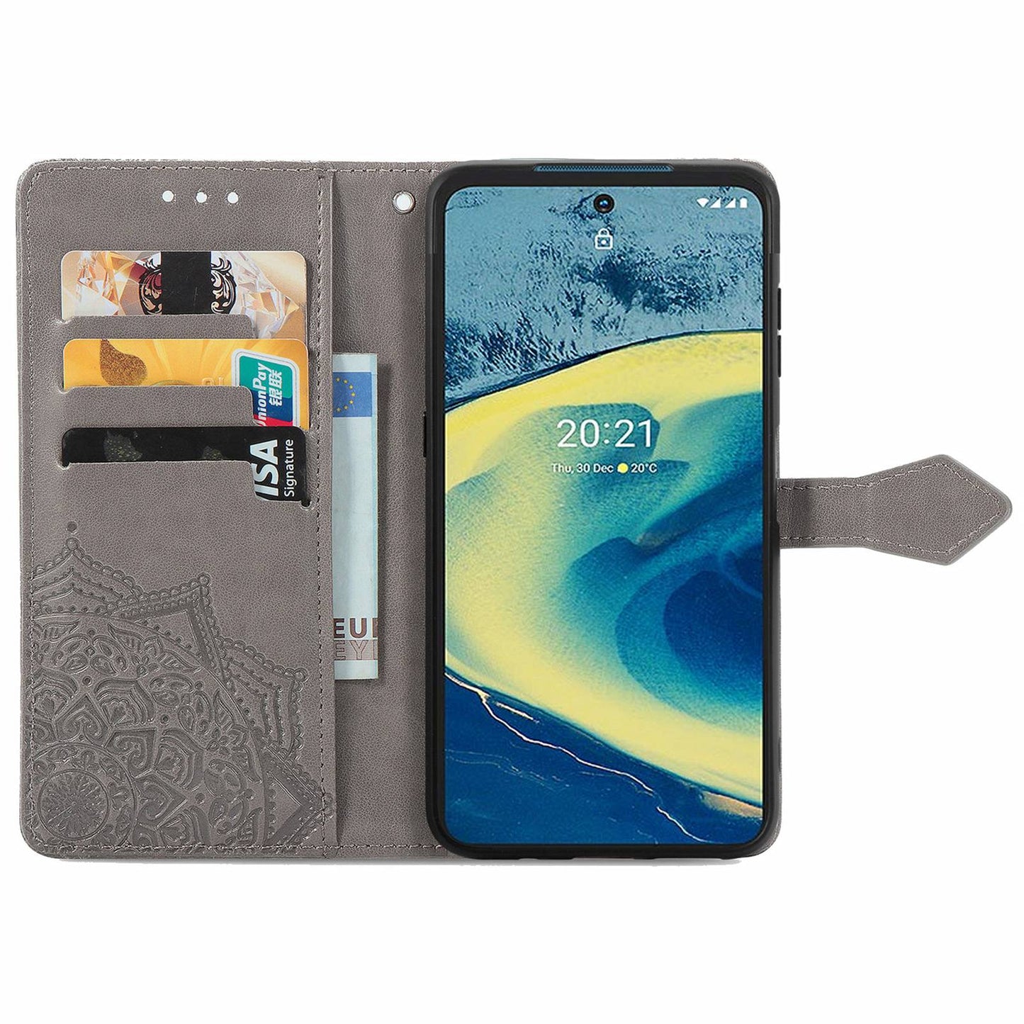 For Nokia XR20 5G Embossed Mandala Pattern PU Leather Wallet Case Stand Magnetic Closure Full Shockproof Folio Flip Cover with Strap