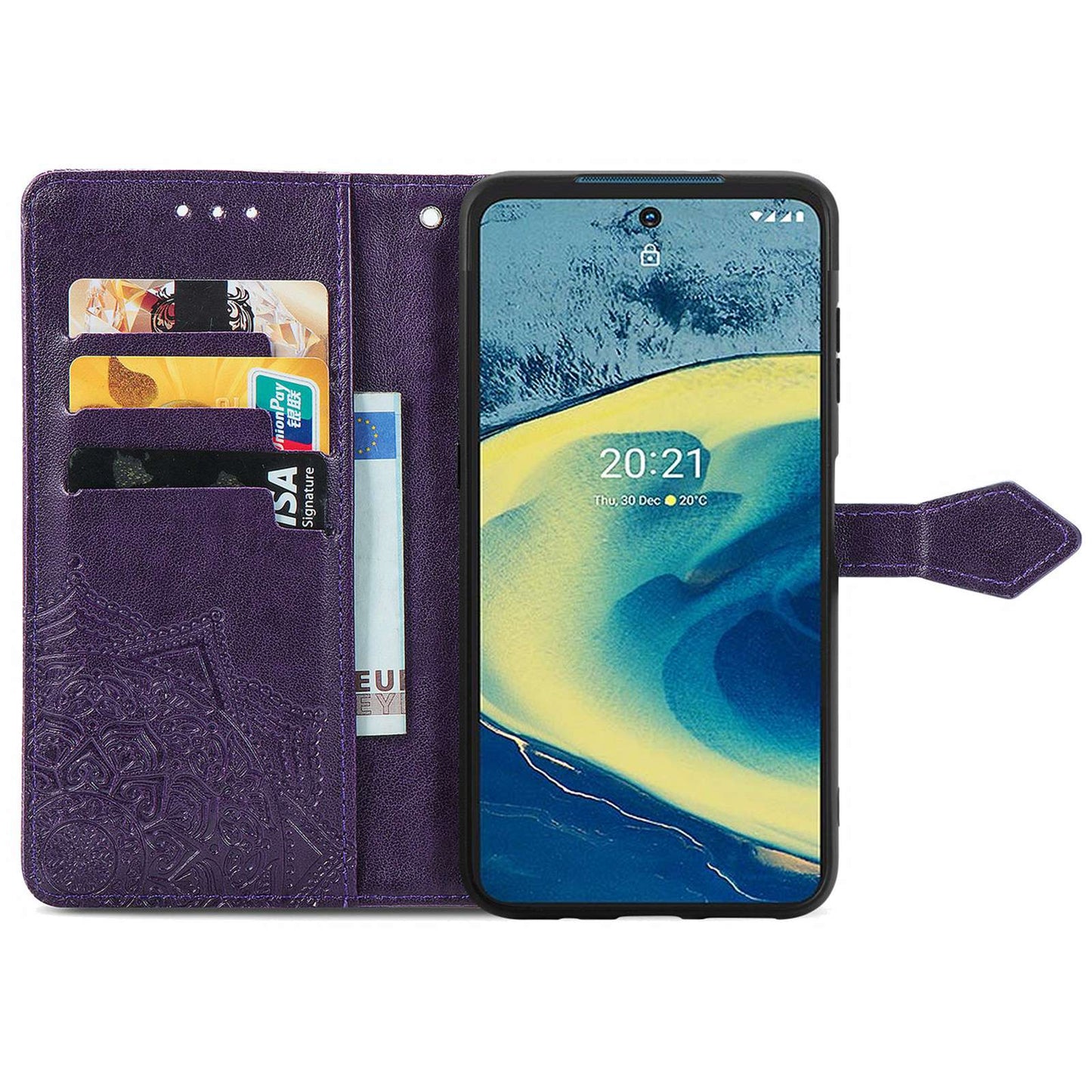 For Nokia XR20 5G Embossed Mandala Pattern PU Leather Wallet Case Stand Magnetic Closure Full Shockproof Folio Flip Cover with Strap