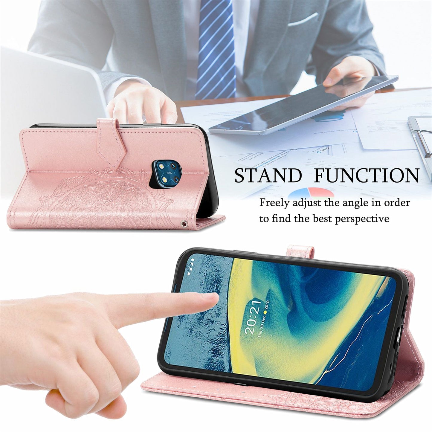 For Nokia XR20 5G Embossed Mandala Pattern PU Leather Wallet Case Stand Magnetic Closure Full Shockproof Folio Flip Cover with Strap