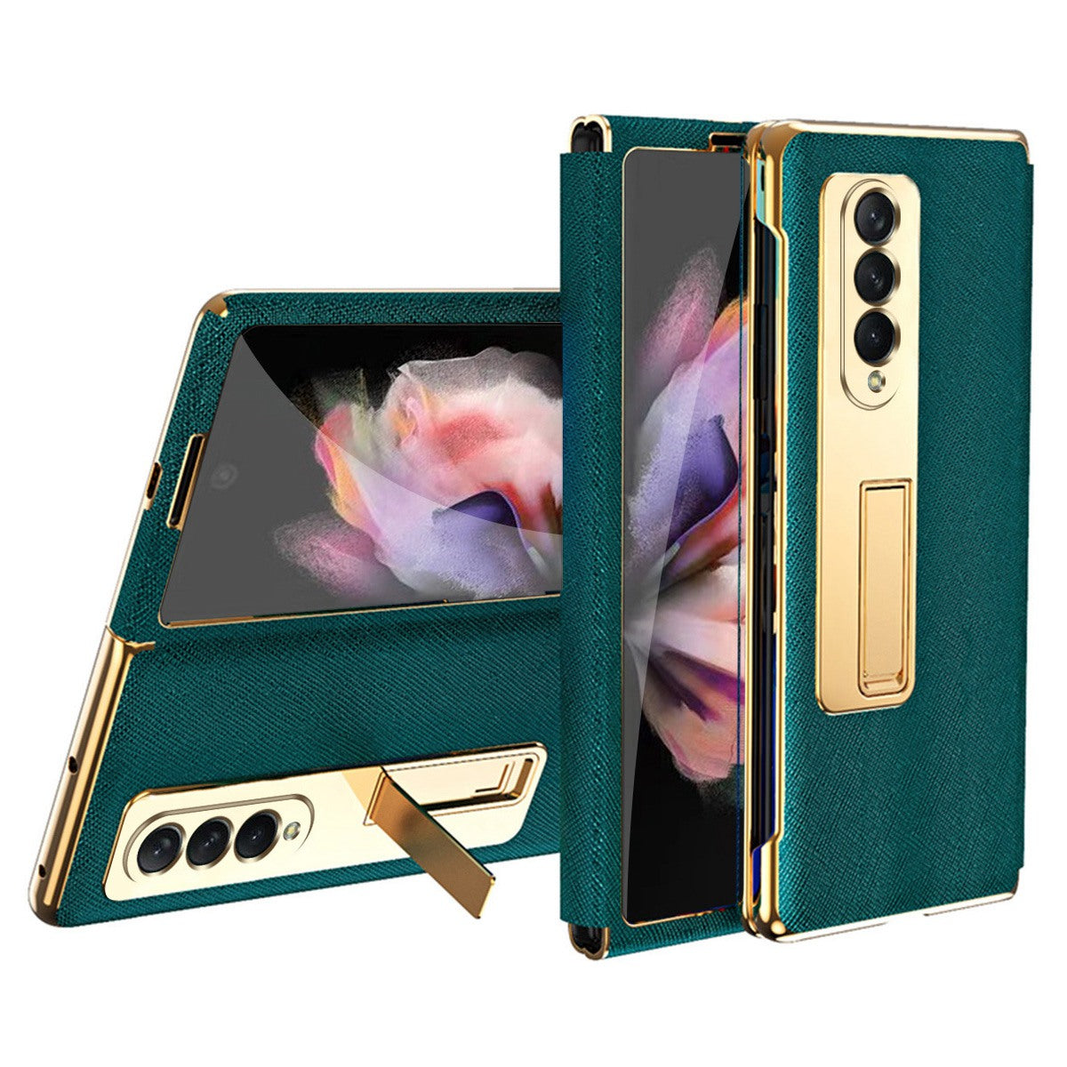 Anti-drop Back Cover For Samsung Galaxy Z Fold3 5G, Electroplating Cross Texture Phone Case Kickstand with Tempered Glass Film