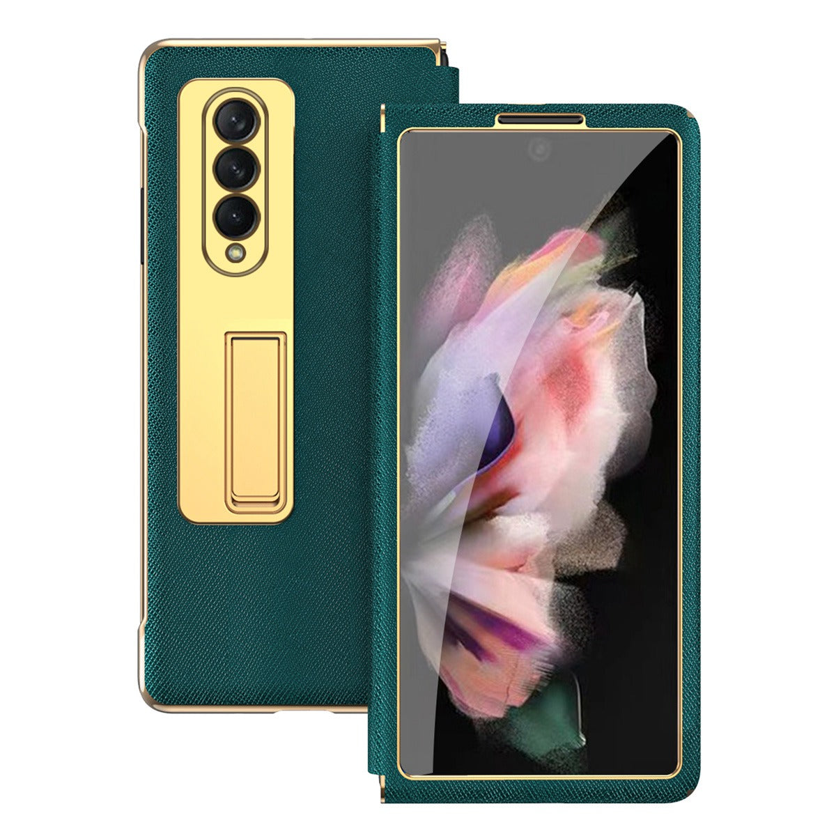 Anti-drop Back Cover For Samsung Galaxy Z Fold3 5G, Electroplating Cross Texture Phone Case Kickstand with Tempered Glass Film