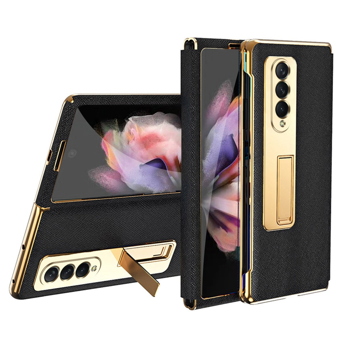 Anti-drop Back Cover For Samsung Galaxy Z Fold3 5G, Electroplating Cross Texture Phone Case Kickstand with Tempered Glass Film