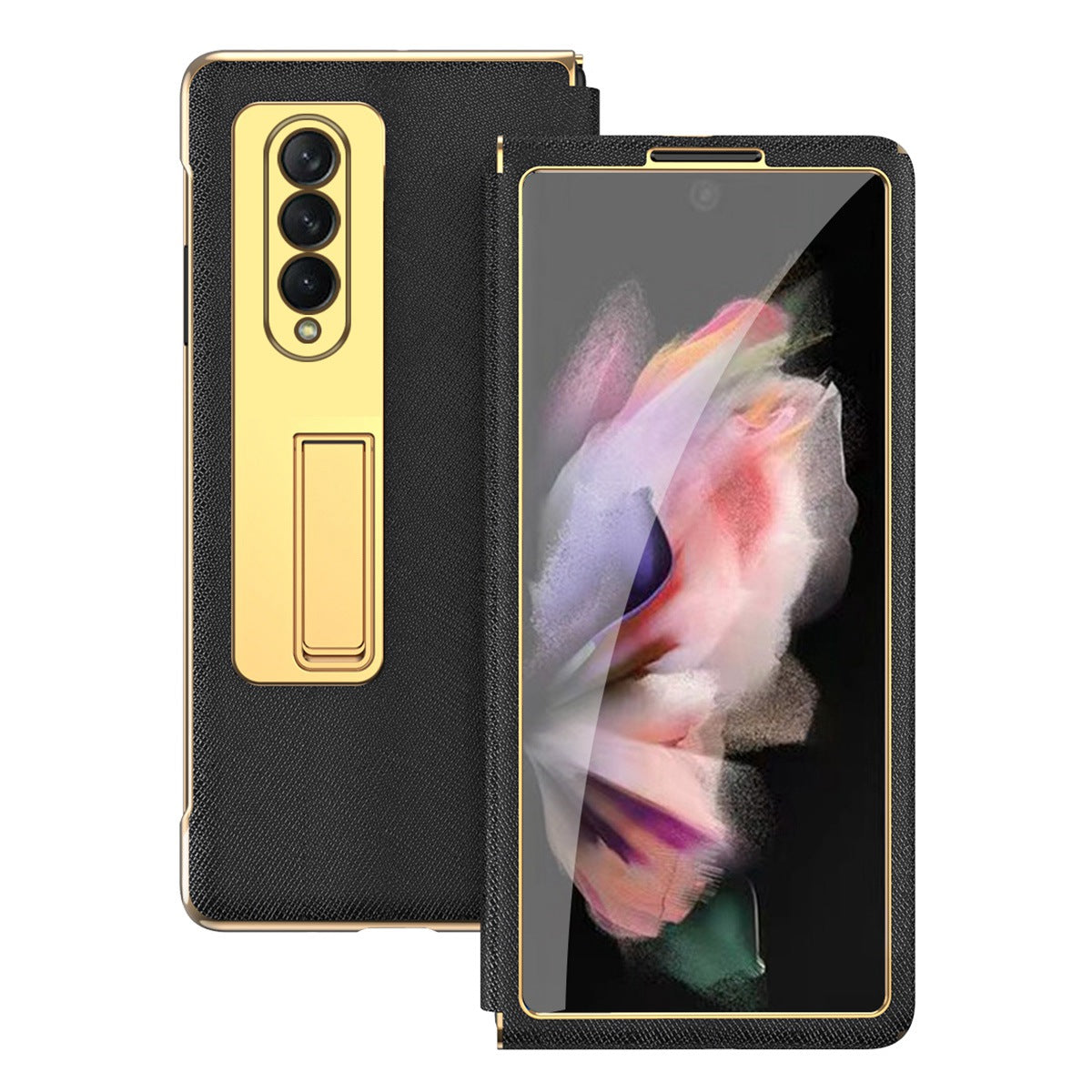 Anti-drop Back Cover For Samsung Galaxy Z Fold3 5G, Electroplating Cross Texture Phone Case Kickstand with Tempered Glass Film