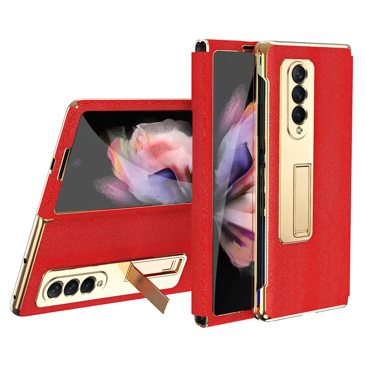 Anti-drop Back Cover For Samsung Galaxy Z Fold3 5G, Electroplating Cross Texture Phone Case Kickstand with Tempered Glass Film