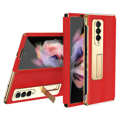 Anti-drop Back Cover For Samsung Galaxy Z Fold3 5G, Electroplating Cross Texture Phone Case Kickstand with Tempered Glass Film
