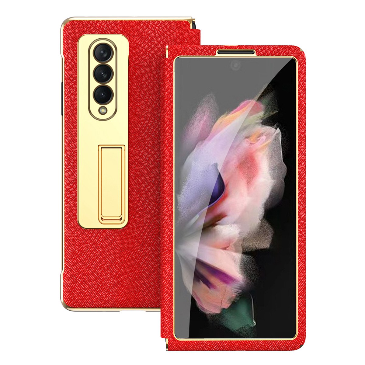 Anti-drop Back Cover For Samsung Galaxy Z Fold3 5G, Electroplating Cross Texture Phone Case Kickstand with Tempered Glass Film