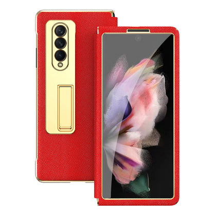 Anti-drop Back Cover For Samsung Galaxy Z Fold3 5G, Electroplating Cross Texture Phone Case Kickstand with Tempered Glass Film