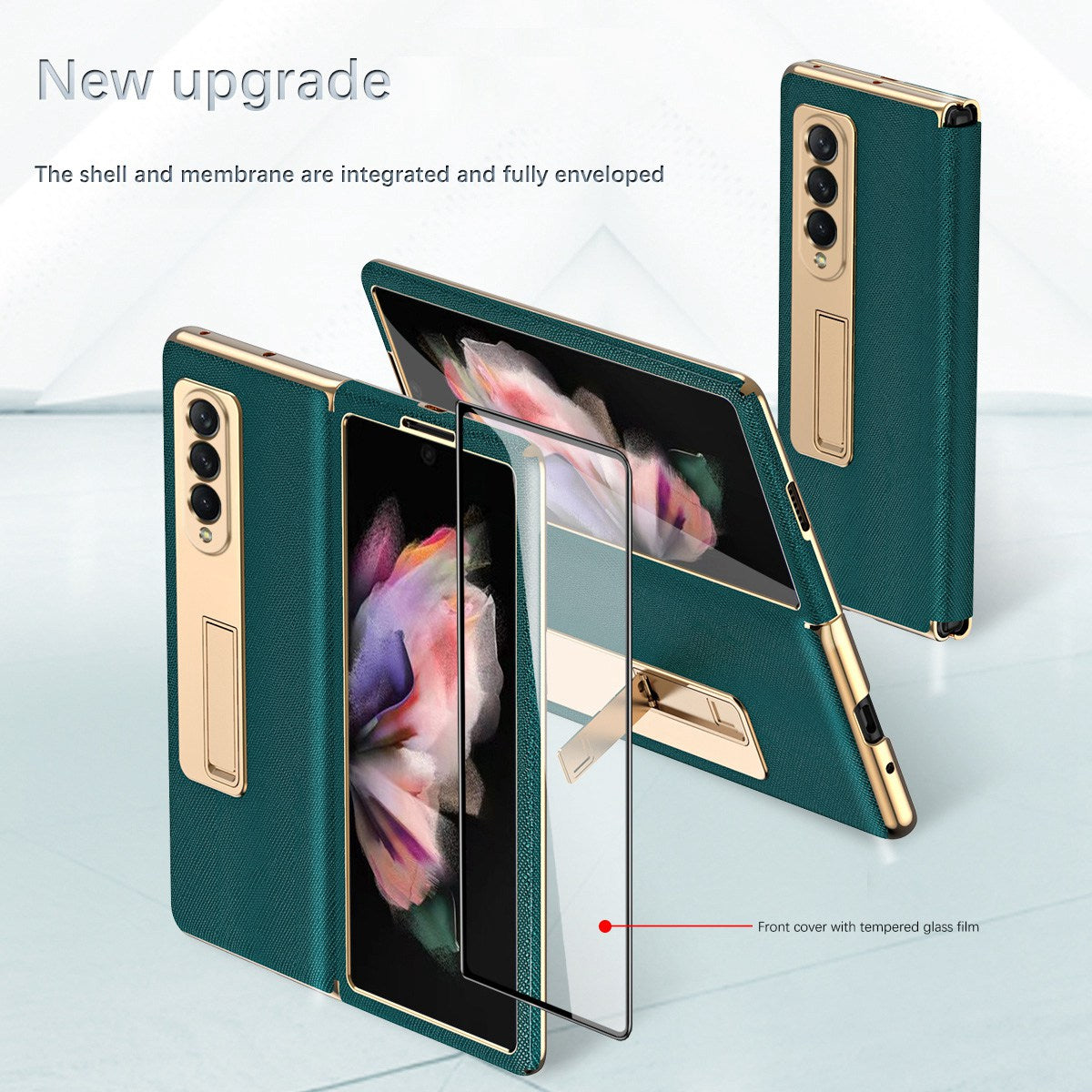 Anti-drop Back Cover For Samsung Galaxy Z Fold3 5G, Electroplating Cross Texture Phone Case Kickstand with Tempered Glass Film