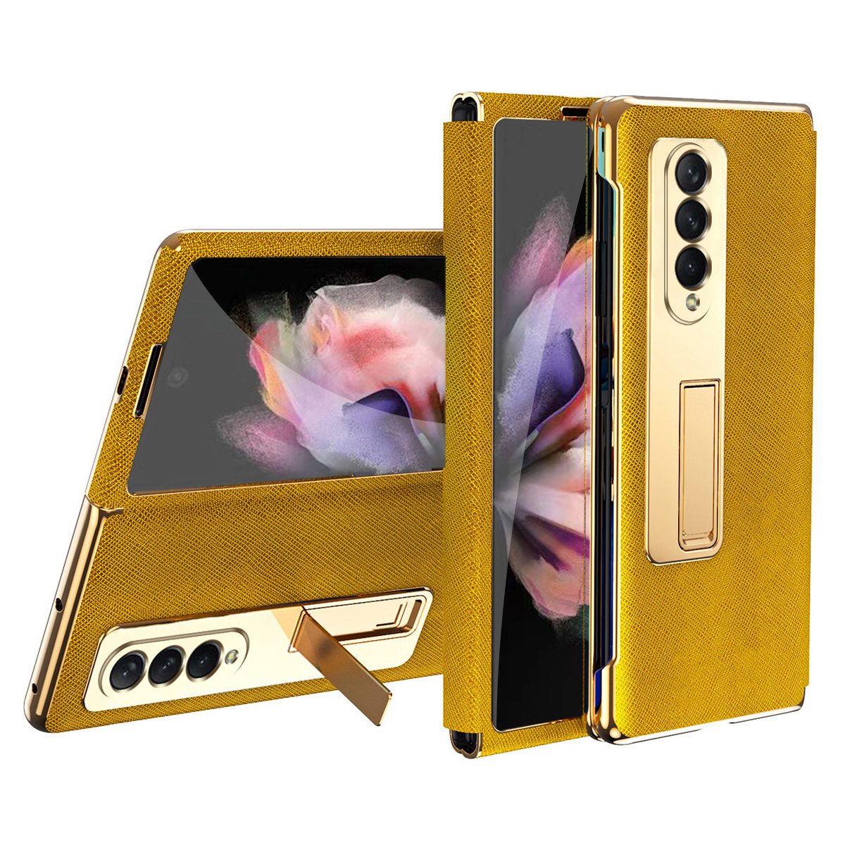 Anti-drop Back Cover For Samsung Galaxy Z Fold3 5G, Electroplating Cross Texture Phone Case Kickstand with Tempered Glass Film