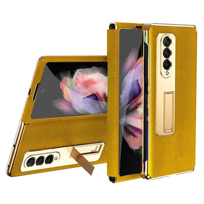 Anti-drop Back Cover For Samsung Galaxy Z Fold3 5G, Electroplating Cross Texture Phone Case Kickstand with Tempered Glass Film