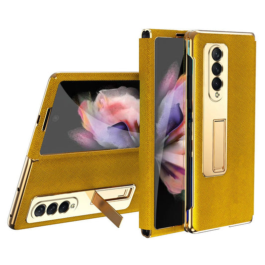 Anti-drop Back Cover For Samsung Galaxy Z Fold3 5G, Electroplating Cross Texture Phone Case Kickstand with Tempered Glass Film