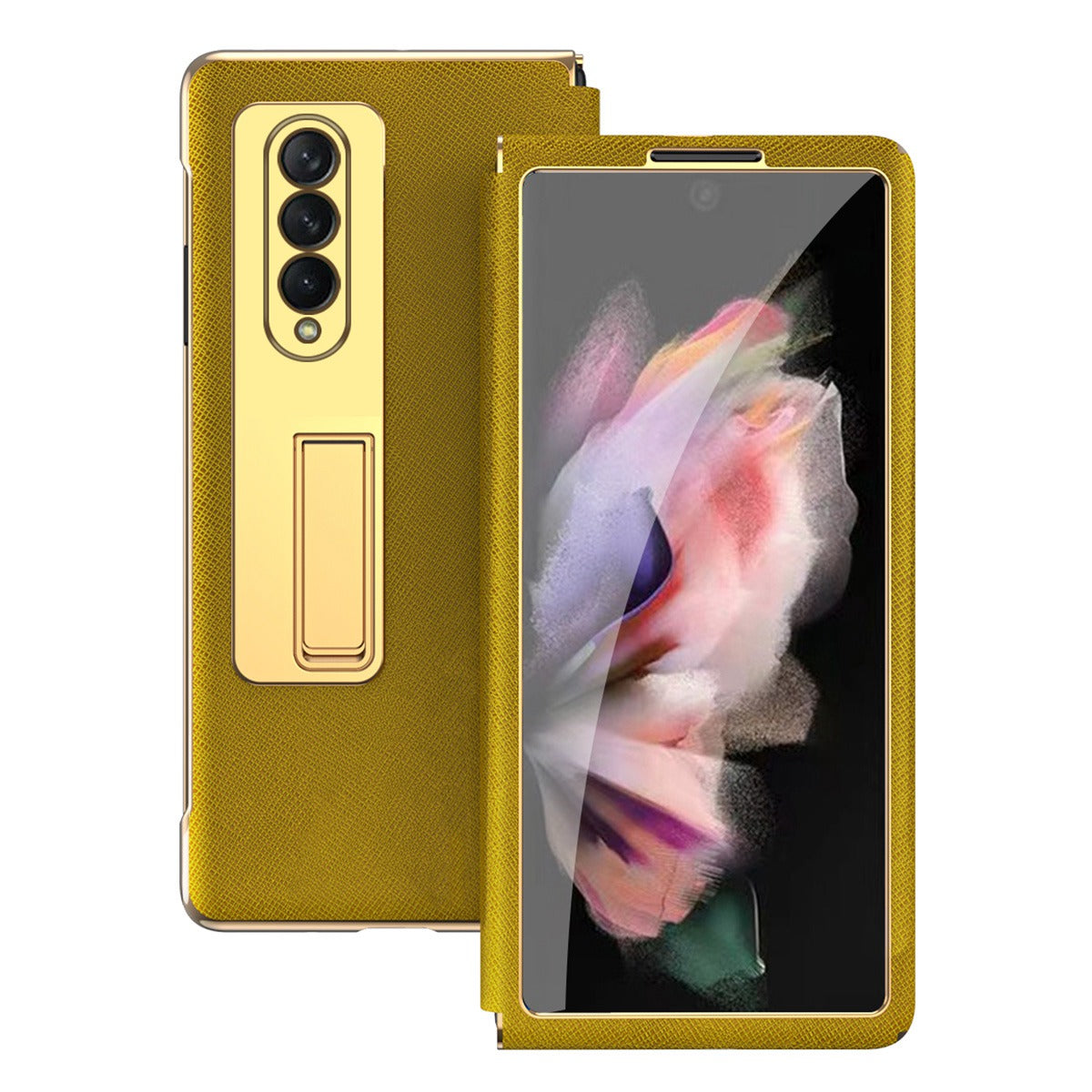 Anti-drop Back Cover For Samsung Galaxy Z Fold3 5G, Electroplating Cross Texture Phone Case Kickstand with Tempered Glass Film